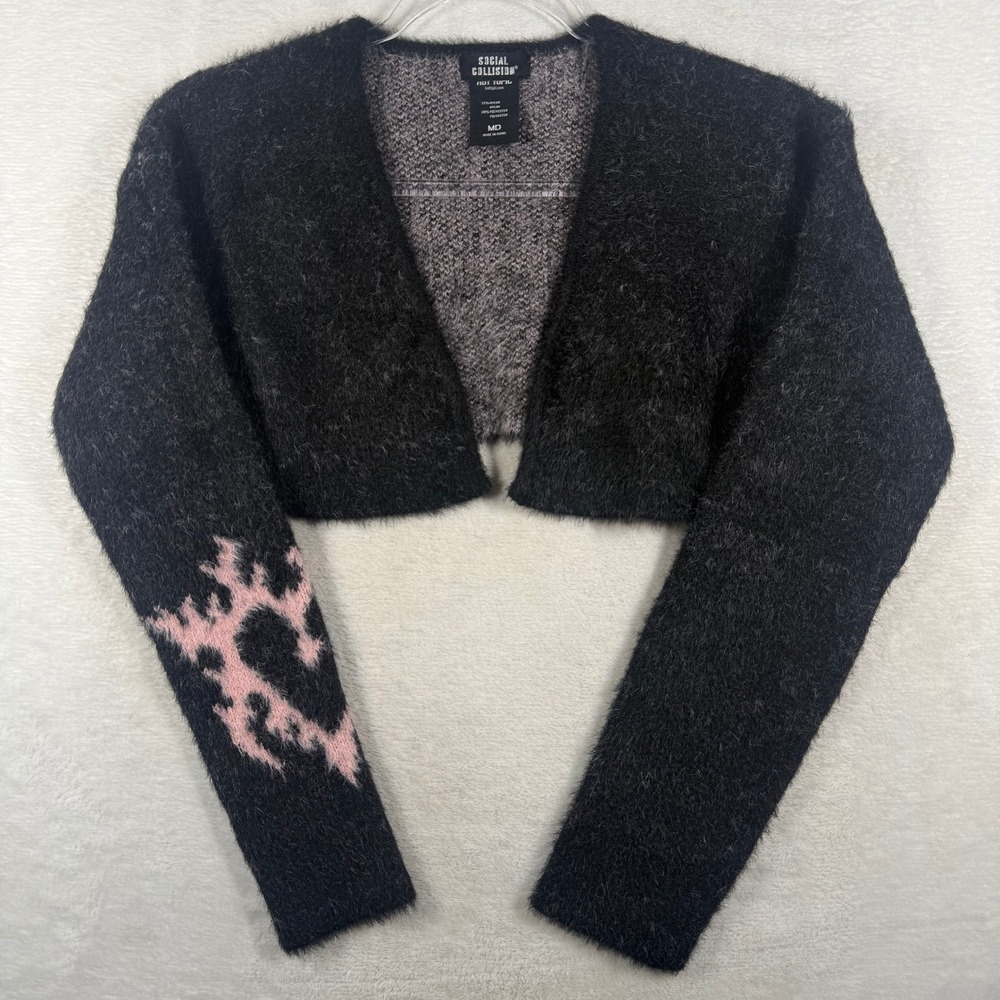 Social Collision Hot Topic Black Pink Fuzzy Cropped Shrug Bolero Sweater Medium